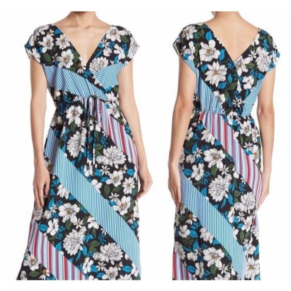 Bobeau Maxi Floral Striped Tropical Print Dolman Sleeves Maxi Dress Women's XS